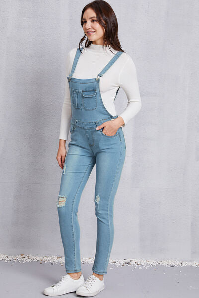 Blue Zone Planet |  Distressed Washed Denim Overalls with Pockets BLUE ZONE PLANET