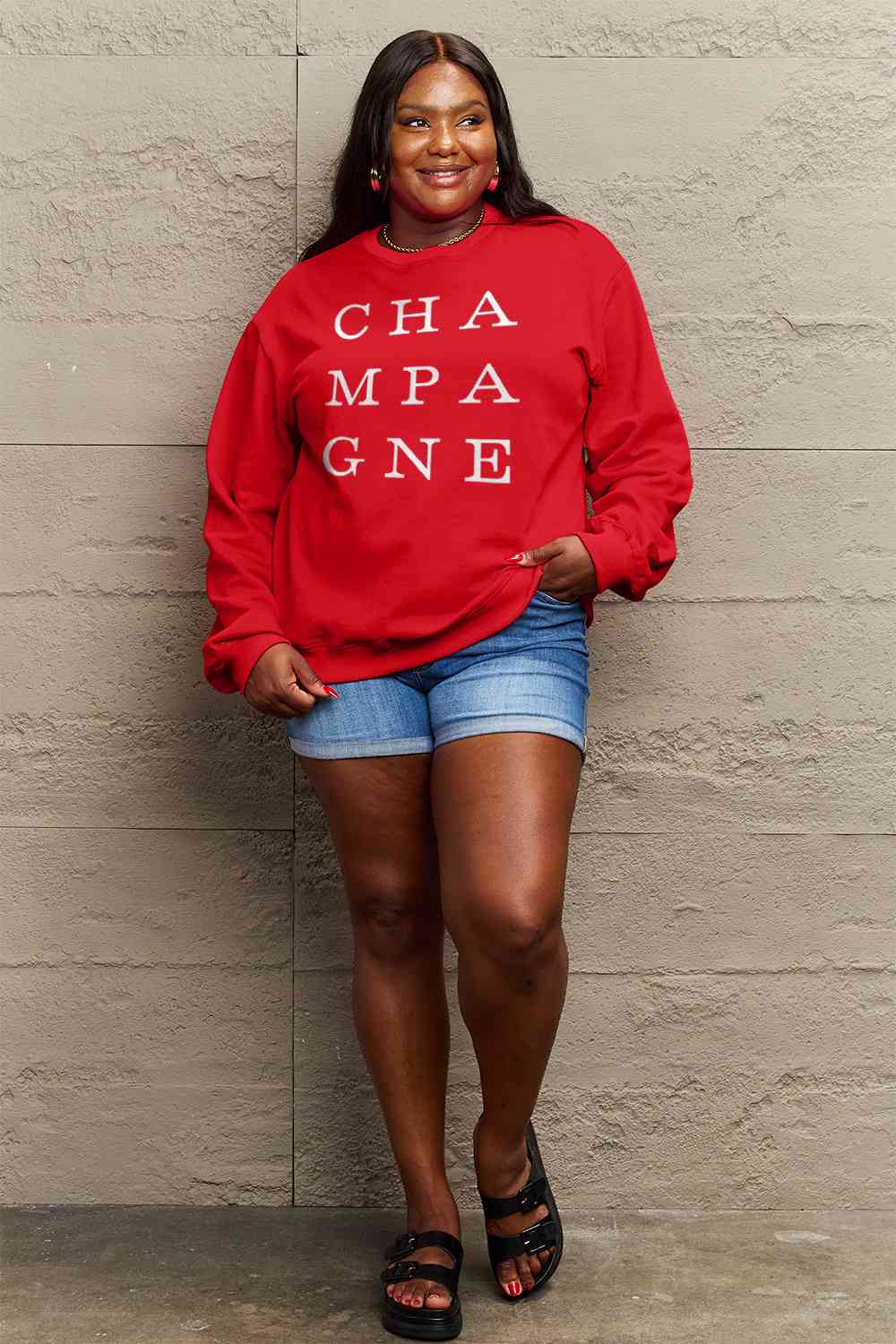 Simply Love Full Size CHAMPAGNE Graphic Long Sleeve Sweatshirt BLUE ZONE PLANET