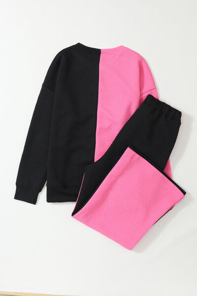 Color Block Round Neck Sweatshirt and Pants Set-TOPS / DRESSES-[Adult]-[Female]-2022 Online Blue Zone Planet