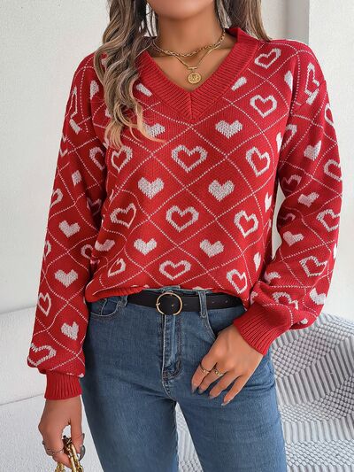 Heart Pattern V-Neck Long Sleeve Sweater BLUE ZONE PLANET