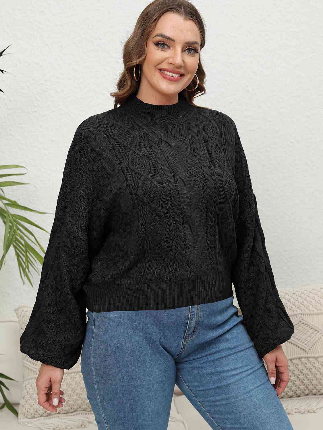 Plus Size Mock Neck Cable Knit Long Sleeve Sweater BLUE ZONE PLANET