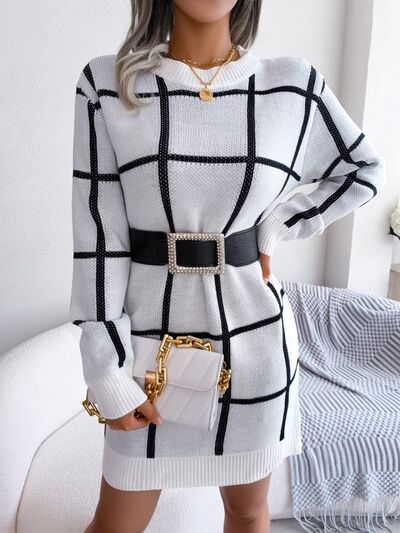 Plaid Round Neck Dropped Shoulder Sweater Dress-TOPS / DRESSES-[Adult]-[Female]-White-S-2022 Online Blue Zone Planet
