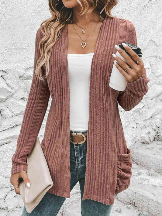 Ribbed Open Front Cardigan with Pockets BLUE ZONE PLANET