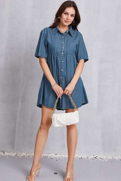 Button Up Collared Neck Tiered Denim Dress-TOPS / DRESSES-[Adult]-[Female]-2022 Online Blue Zone Planet