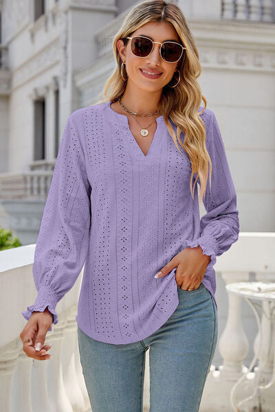 Eyelet Notched Lantern Sleeve T-Shirt Trendsi