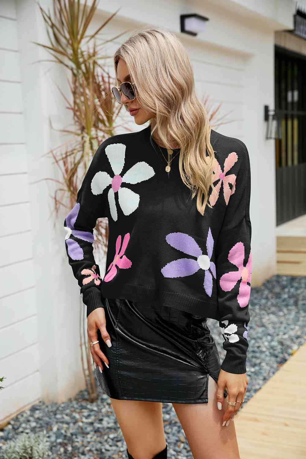 Flower Round Neck Drop Shoulder Sweater BLUE ZONE PLANET