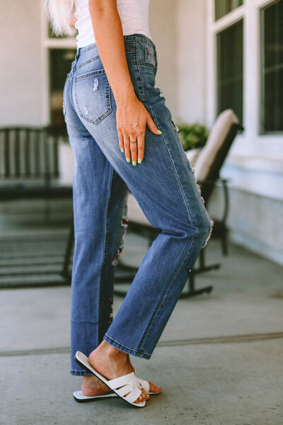 Distressed Straight Jeans with Pockets Trendsi