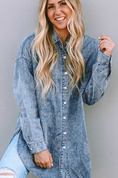 Blue Zone Planet |  Button Up Dropped Shoulder Denim Top BLUE ZONE PLANET