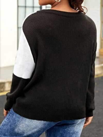 Plus Size Color Block Round Neck Sweater-TOPS / DRESSES-[Adult]-[Female]-2022 Online Blue Zone Planet
