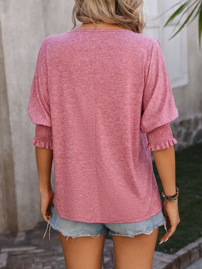 Heathered Notched Lantern Sleeve Blouse Trendsi