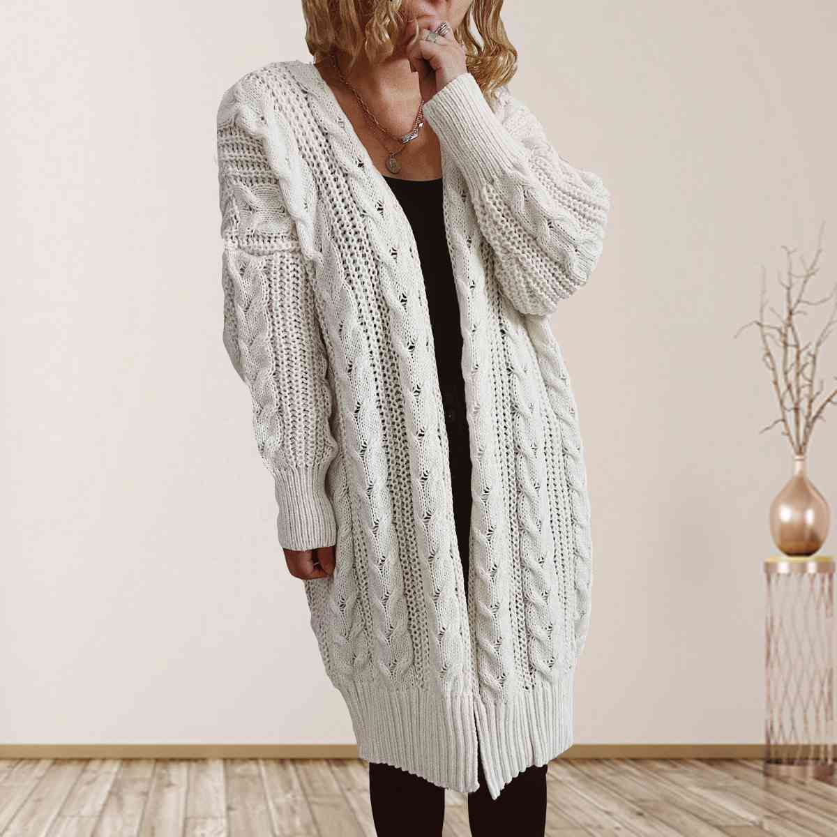 Cable-Knit Open Front Dropped Shoulder Cardigan BLUE ZONE PLANET