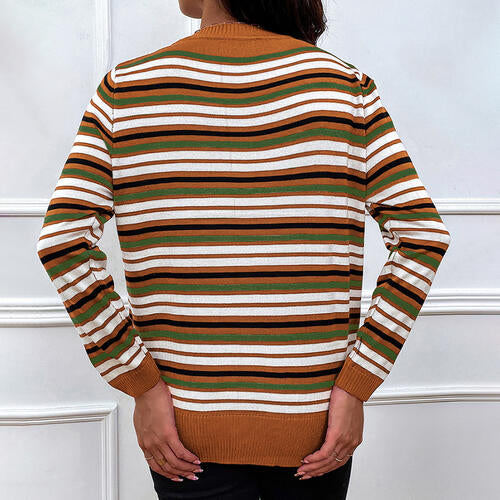 Striped Round Neck Long Sleeve Sweater BLUE ZONE PLANET