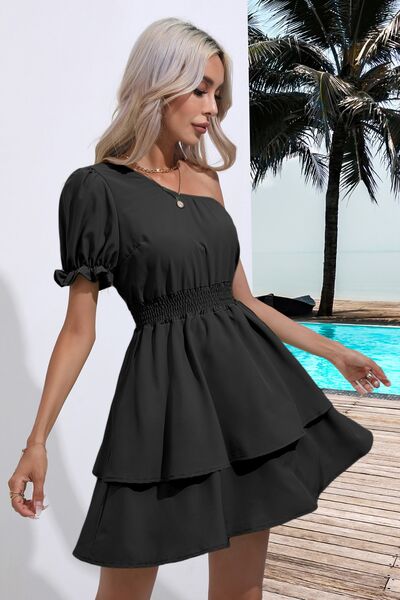 Layered Single Shoulder Flounce Sleeve Mini Dress-TOPS / DRESSES-[Adult]-[Female]-2022 Online Blue Zone Planet