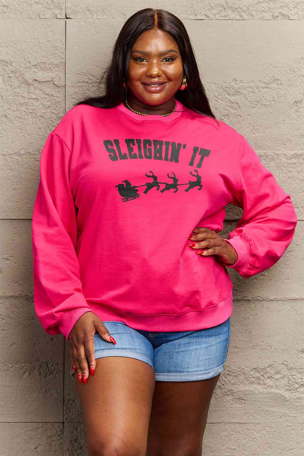 Simply Love Full Size SLEIGHIN' IT Graphic Sweatshirt BLUE ZONE PLANET