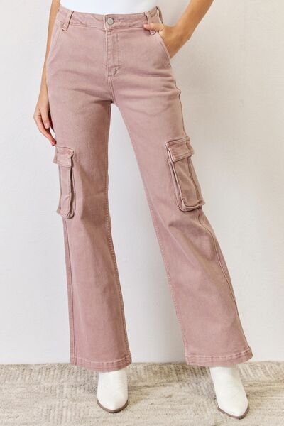 RISEN Full Size High Rise Cargo Wide Leg Jeans-BOTTOM SIZES SMALL MEDIUM LARGE-[Adult]-[Female]-Mauve-0-2022 Online Blue Zone Planet