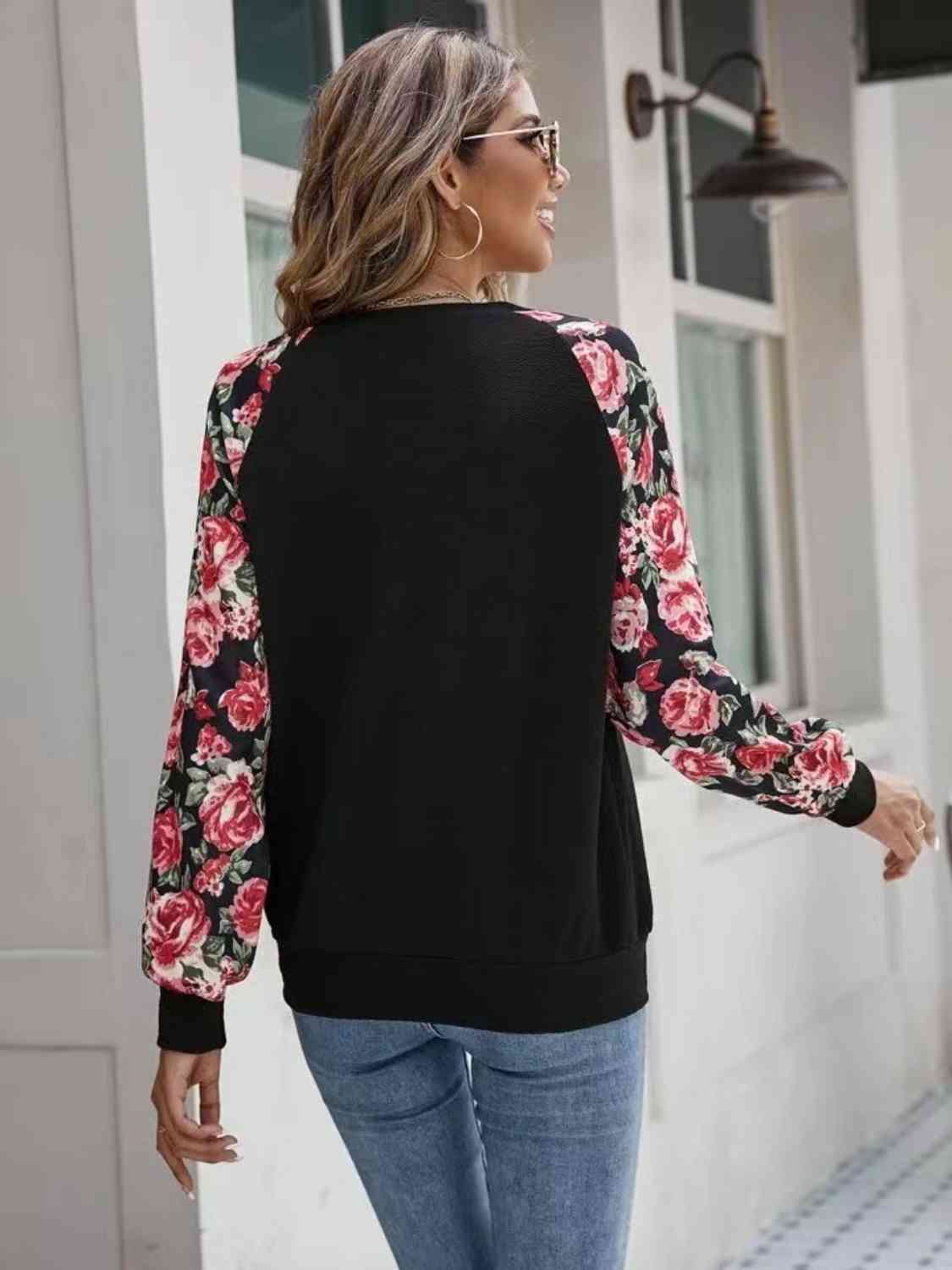 Floral Raglan Sleeve Round Neck Sweatshirt BLUE ZONE PLANET