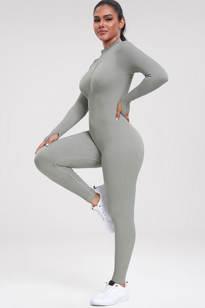Zip Up Ribbed Long Sleeve Skinny Active Jumpsuit Trendsi