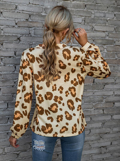 Leopard V-Neck Decorative Button Long Sleeve Blouse-TOPS / DRESSES-[Adult]-[Female]-2022 Online Blue Zone Planet