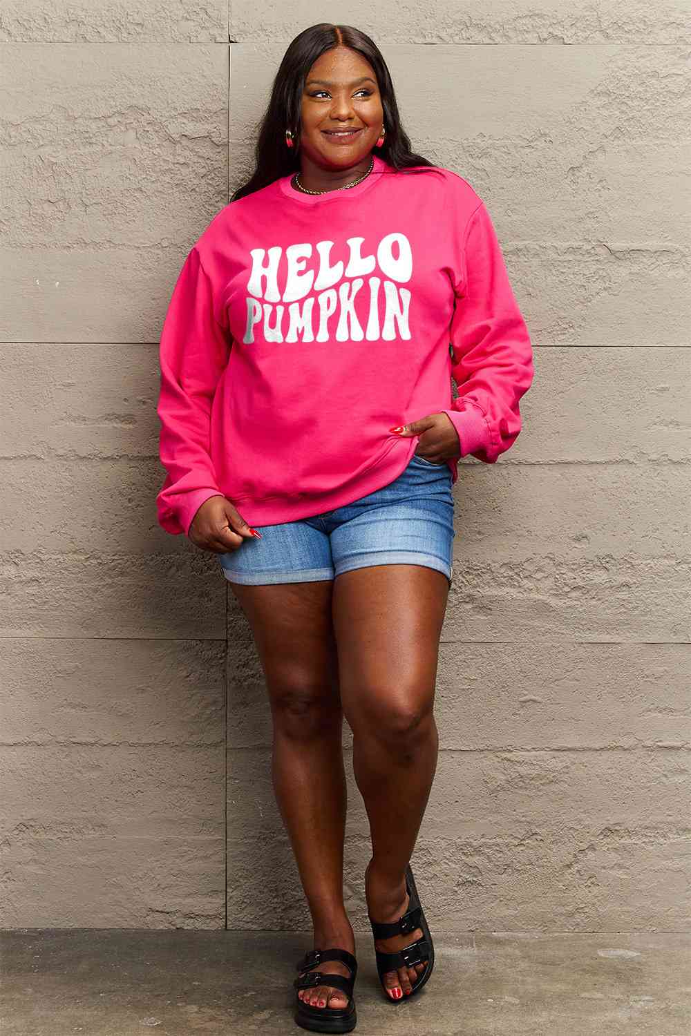 Simply Love Full Size HELLO PUMPKIN Graphic Sweatshirt BLUE ZONE PLANET