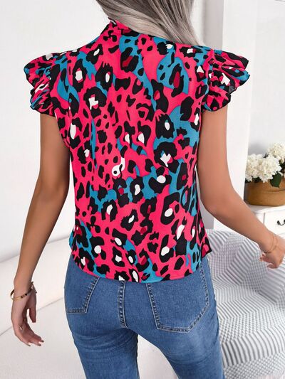 Leopard Tie Neck Cap Sleeve Blouse BLUE ZONE PLANET