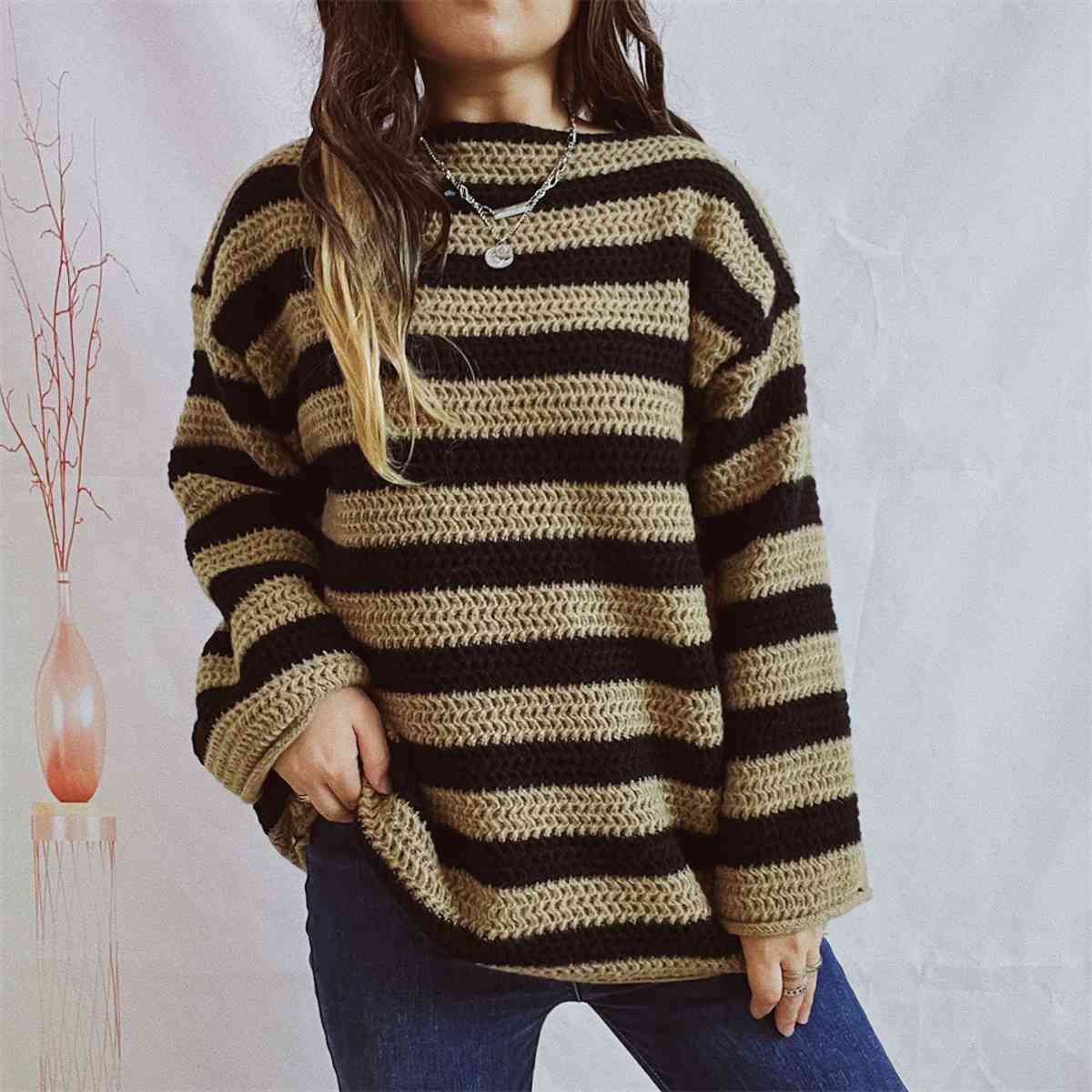 Striped Round Neck Long Sleeve Sweater BLUE ZONE PLANET