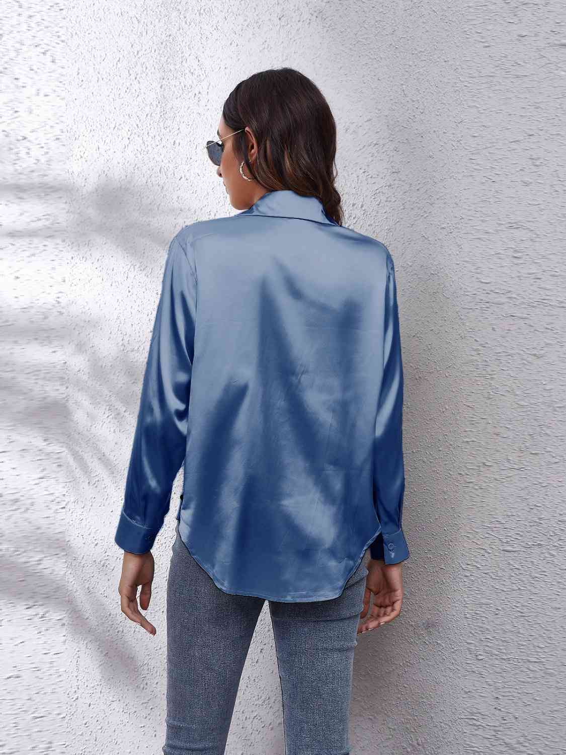 Collared Neck Buttoned Long Sleeve Shirt BLUE ZONE PLANET