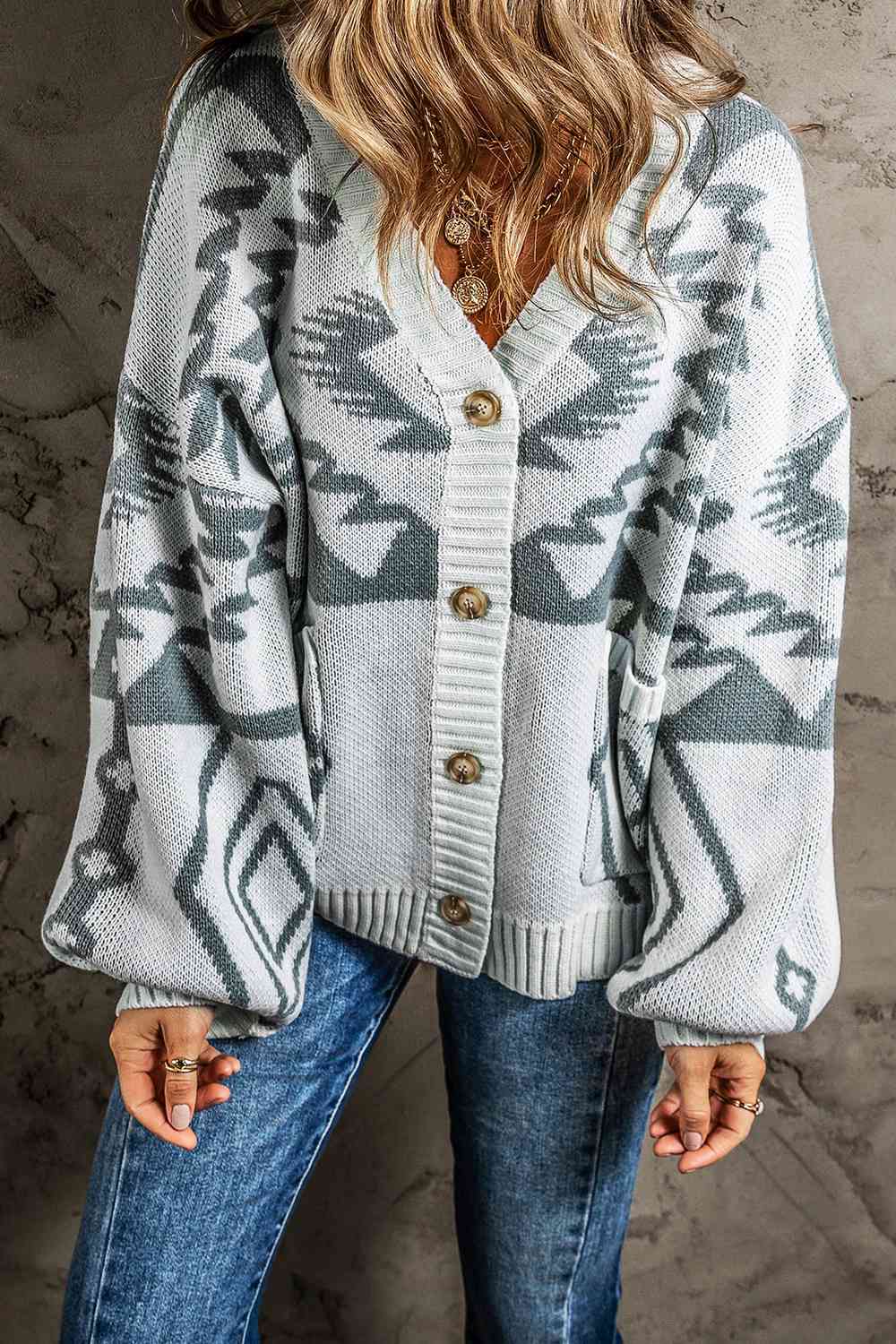 Printed Button Up V-Neck Long Sleeve Cardigan BLUE ZONE PLANET