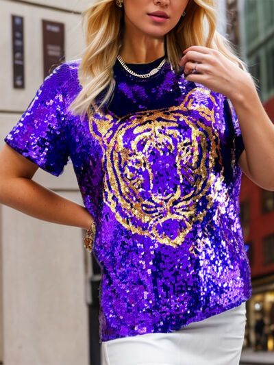 Tiger Sequin Round Neck Short Sleeve T-Shirt BLUE ZONE PLANET