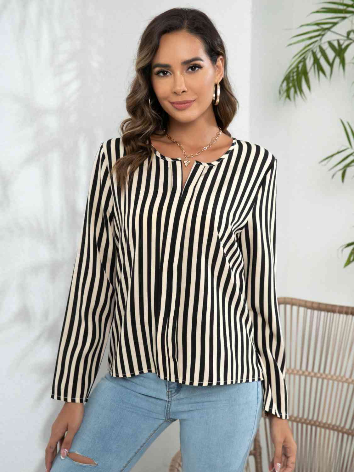 Striped Long Sleeve Notched Blouse BLUE ZONE PLANET