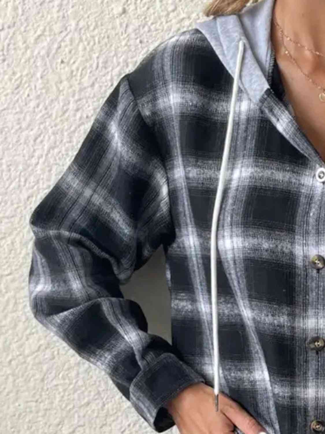 Plaid Drawstring Button Up Hooded Jacket BLUE ZONE PLANET