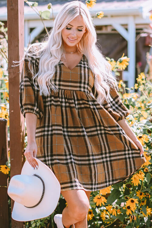 Plaid V-Neck Balloon Sleeve Dress BLUE ZONE PLANET