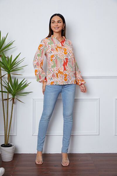 Floral Frill Notched Long Sleeve Blouse Trendsi