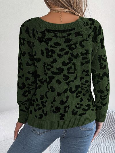 Leopard Buttoned Square Neck Sweater BLUE ZONE PLANET