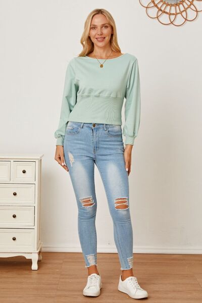 Boat Neck Lantern Sleeve Blouse Trendsi