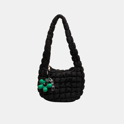 Quilted Shoulder Bag with Flower Pendant-HANDBAGS-[Adult]-[Female]-Black-One Size-2022 Online Blue Zone Planet