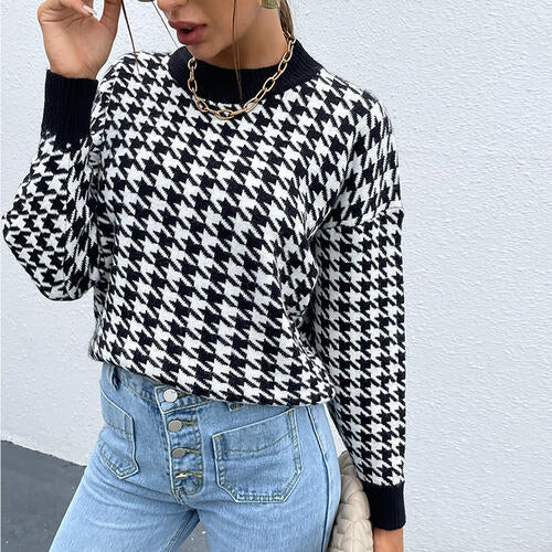 Blue Zone Planet |  Houndstooth Round Neck Drop Shoulder Sweater BLUE ZONE PLANET