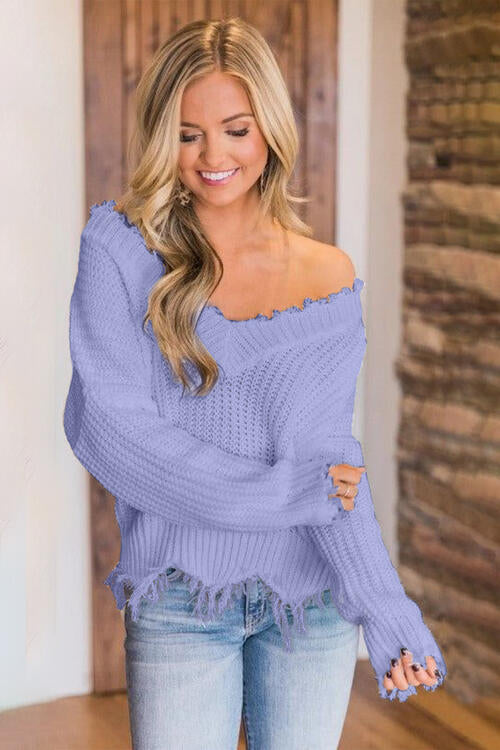 Frayed Hem Dropped Shoulder Sweater BLUE ZONE PLANET