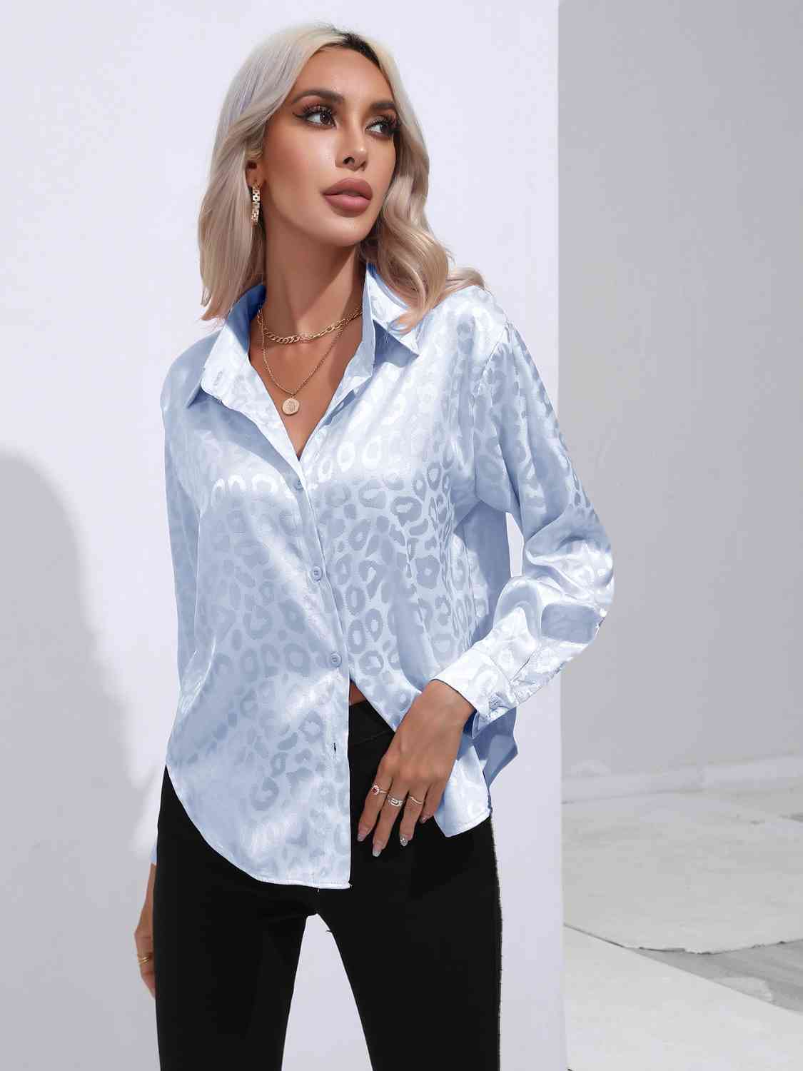 Printed Collared Neck Buttoned Shirt BLUE ZONE PLANET