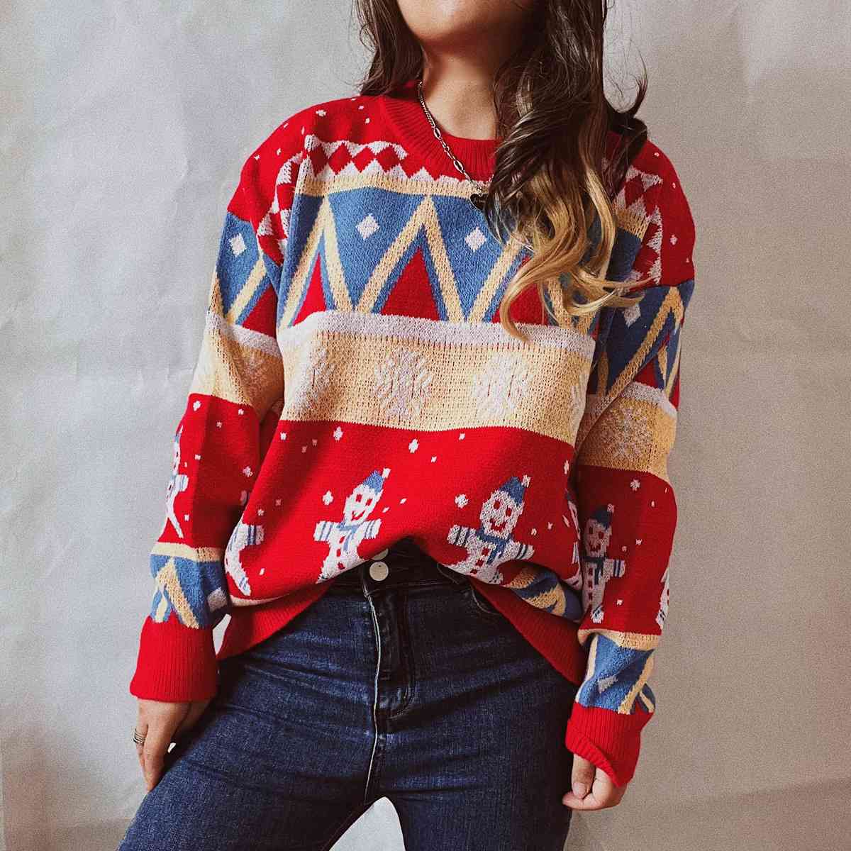 Printed Round Neck Long Sleeve Sweater BLUE ZONE PLANET