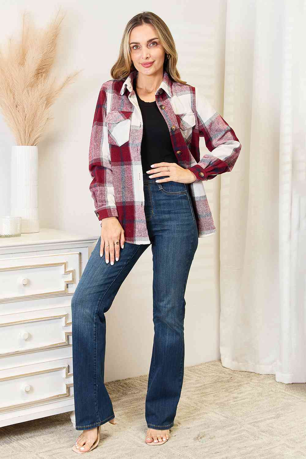 Double Take Plaid Button Up Flannel Shirt Jacket-TOPS / DRESSES-[Adult]-[Female]-2022 Online Blue Zone Planet
