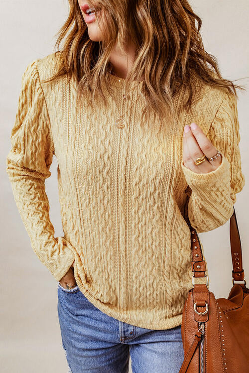 Cable-Knit Round Neck Long Sleeve Blouse BLUE ZONE PLANET