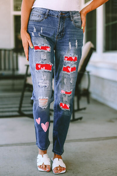 Heart Distressed Jeans with Pockets BLUE ZONE PLANET