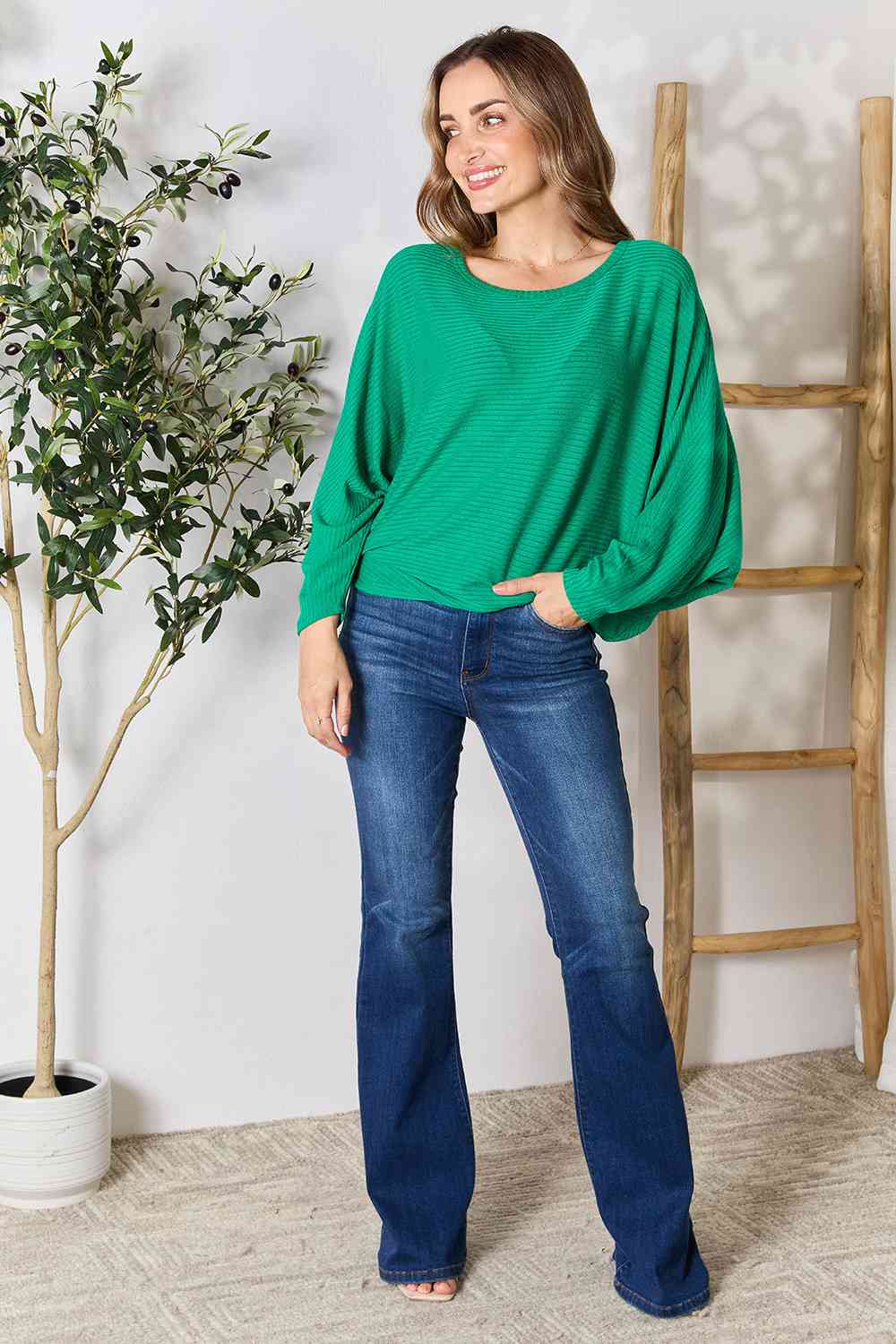 Zenana Full Size Round Neck Batwing Sleeve Blouse BLUE ZONE PLANET