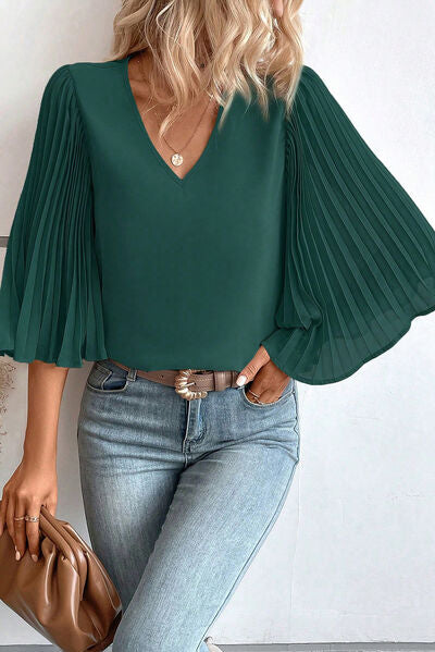 Pleated Flutter Sleeve V-Neck Blouse Trendsi