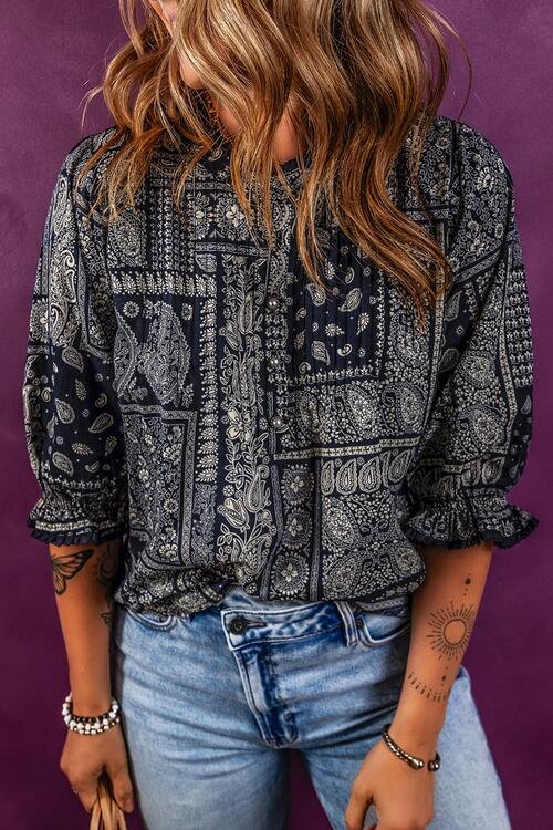 Printed Buttoned Flounce Sleeve Blouse BLUE ZONE PLANET