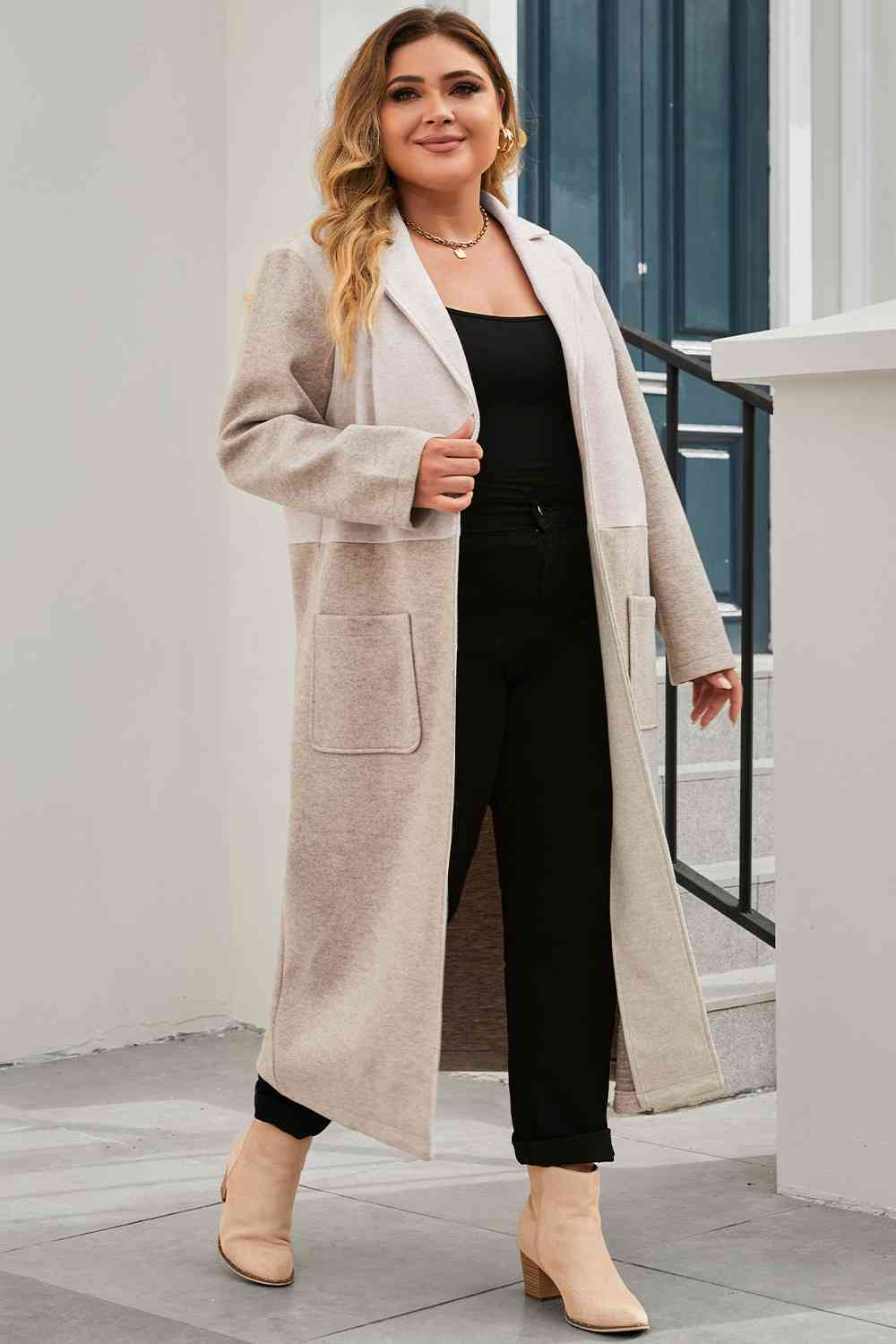 Plus Size Collared Neck Buttoned Longline Coat BLUE ZONE PLANET