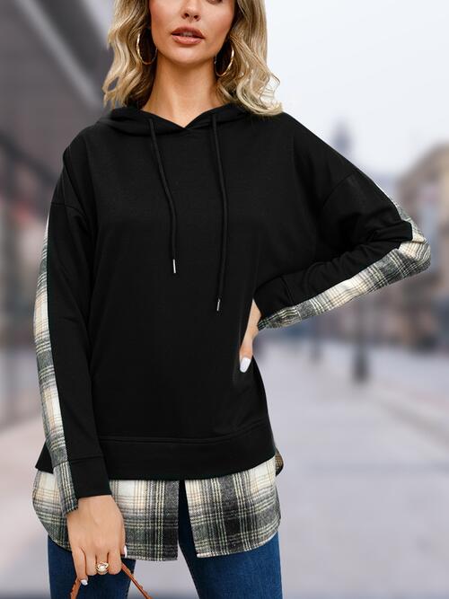 Plaid Drawstring Long Sleeve Slit Hoodie BLUE ZONE PLANET