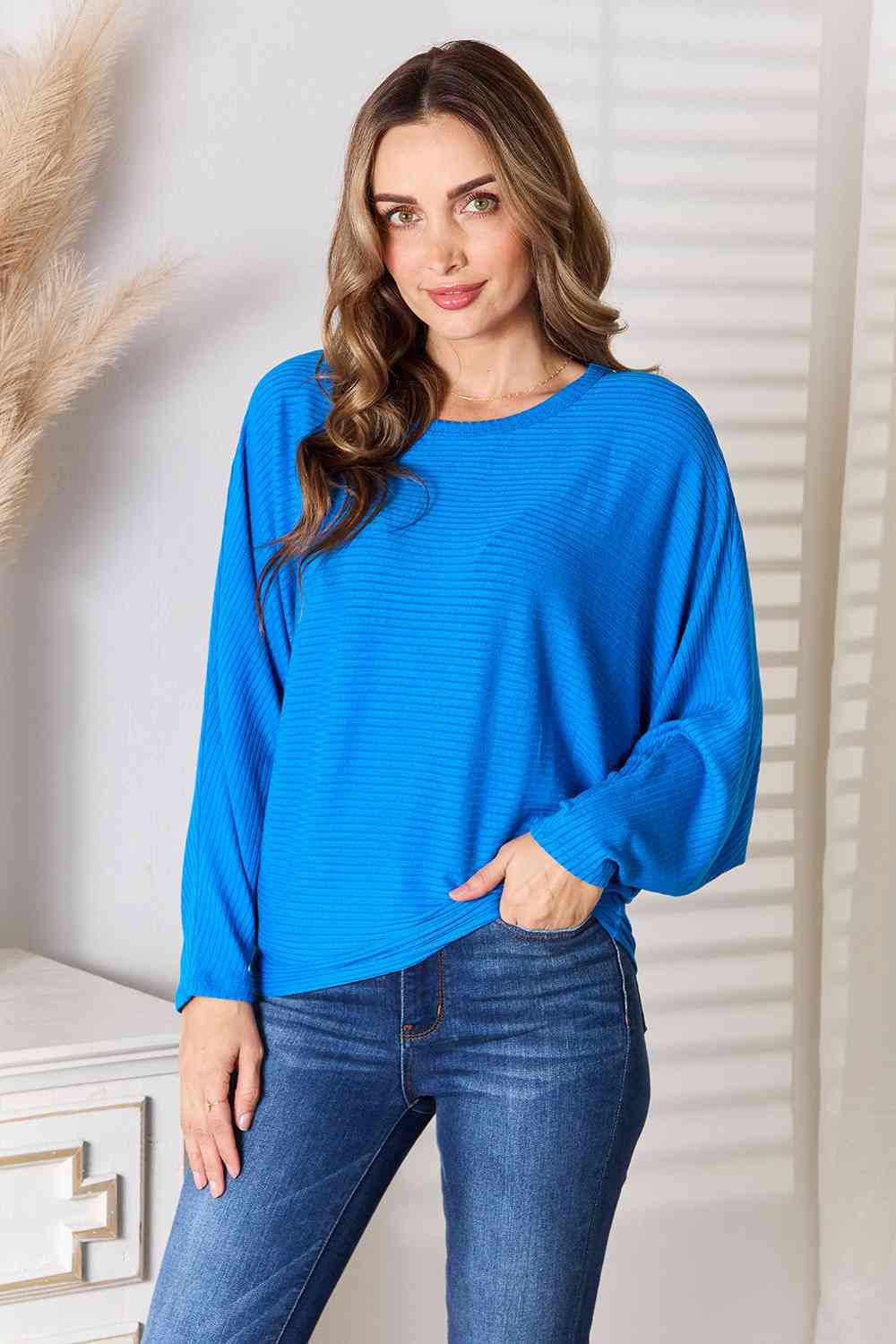 Zenana Full Size Round Neck Batwing Sleeve Blouse BLUE ZONE PLANET