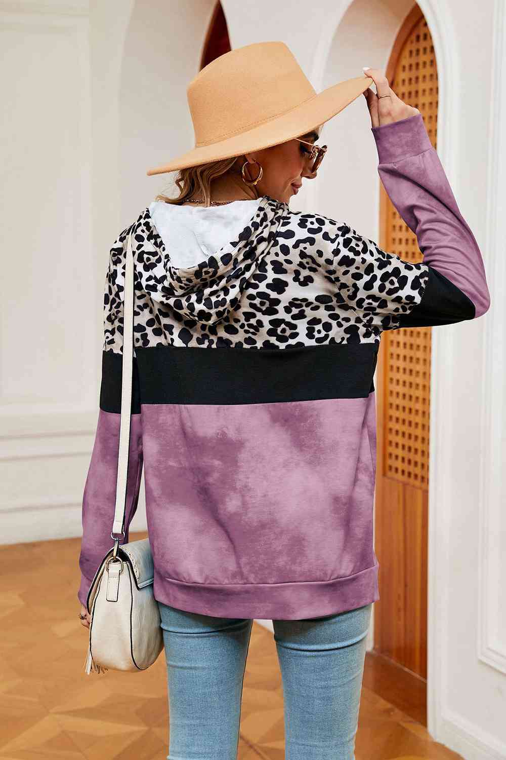 Leopard Drawstring Hoodie with Pocket BLUE ZONE PLANET