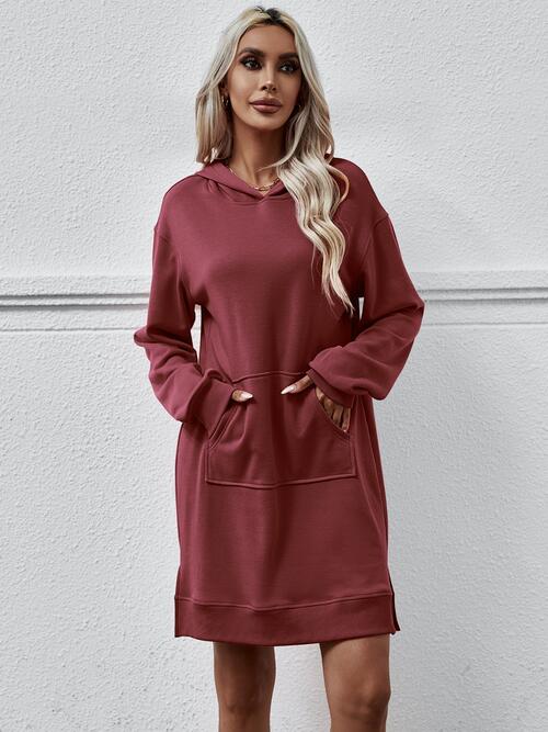 Slit Long Sleeve Hooded Dress with Pocket BLUE ZONE PLANET